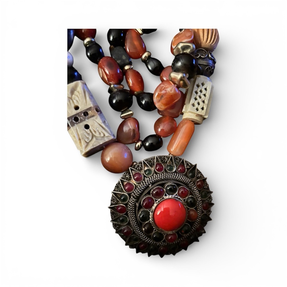 Artisan Red and Black Beaded Statement Necklace with Ornate Pendant